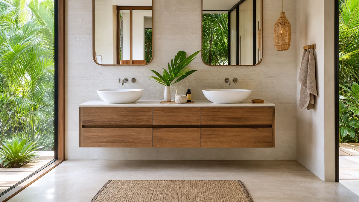 Wall-hung waterproof bathroom vanity in a bright tropical-style bathroom
