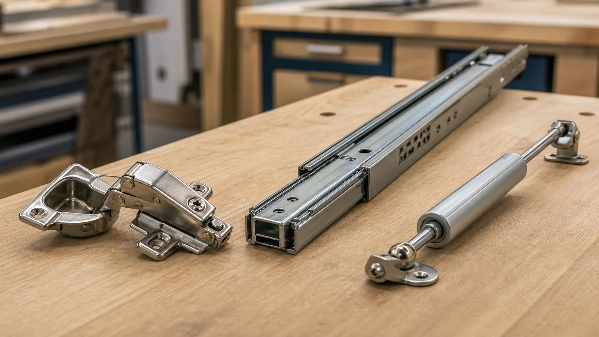 Close-up of a soft-close cabinet hinge and full-extension drawer runner on a workbench