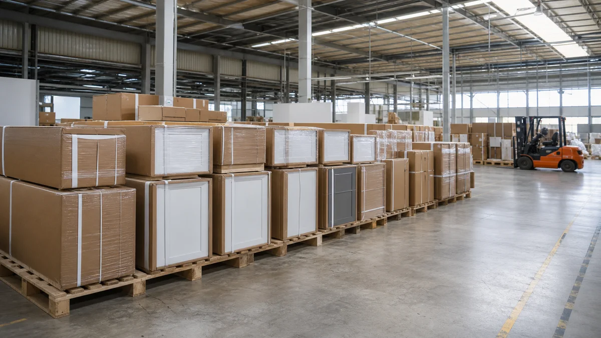 Stacks of finished kitchen cabinet cartons ready for export in a Foshan factory