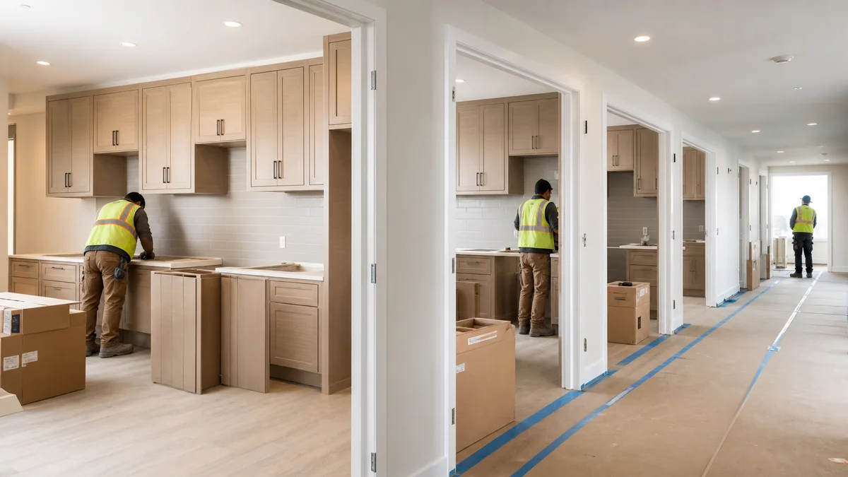 Identical modern kitchens installed across multiple apartment units in a new development