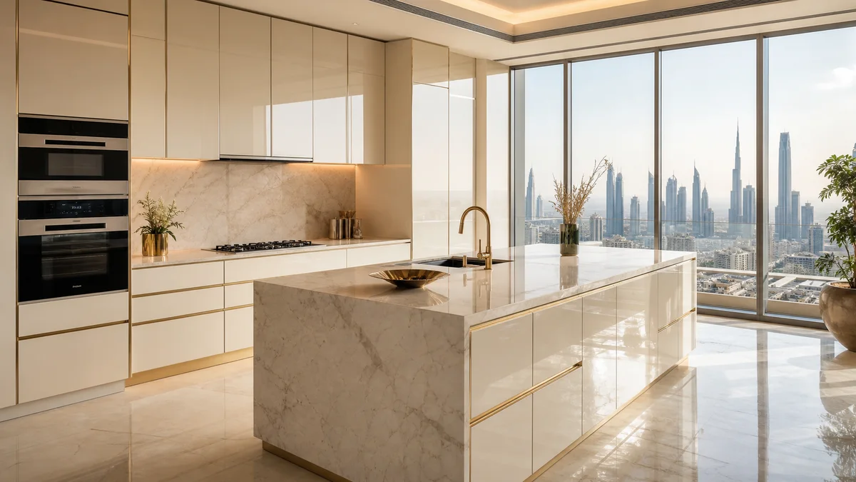 Luxury high-gloss kitchen in a modern Gulf-region apartment with city skyline view