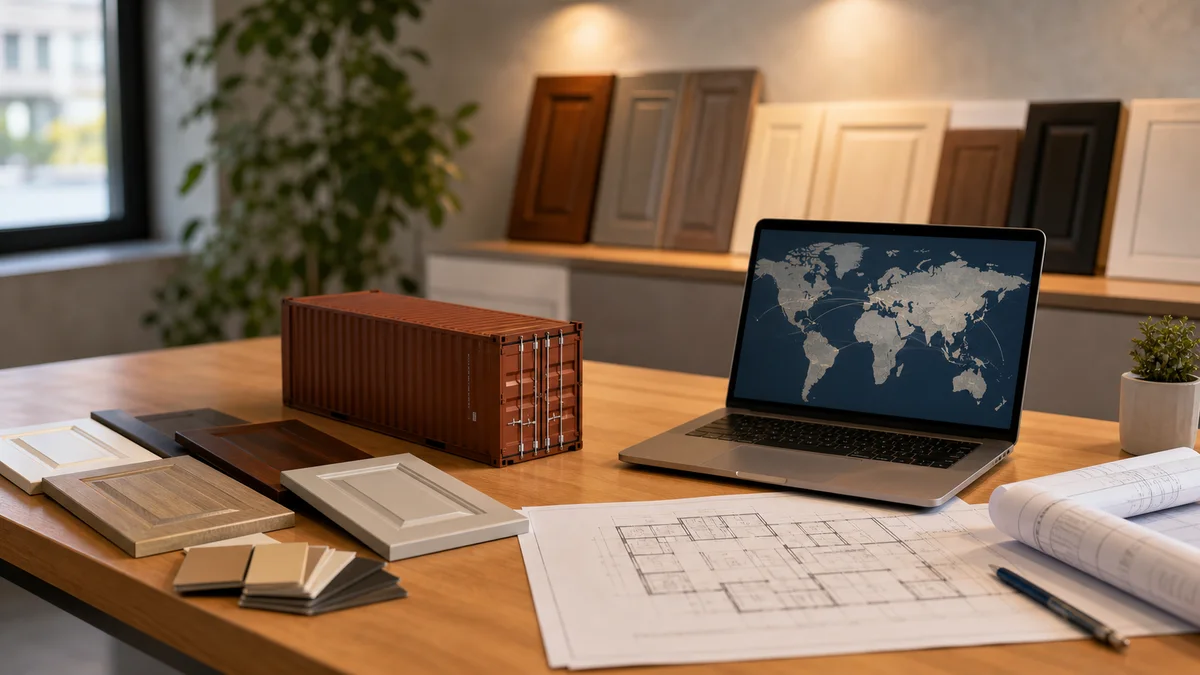 World map concept with cabinet samples representing overseas and local sourcing options