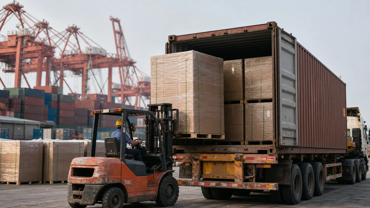 Container being loaded with cabinet cartons at a South China port