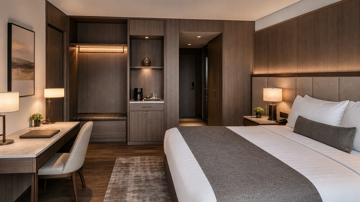 Hotel guest room with fitted casework — wardrobe, minibar unit, desk and headboard panelling