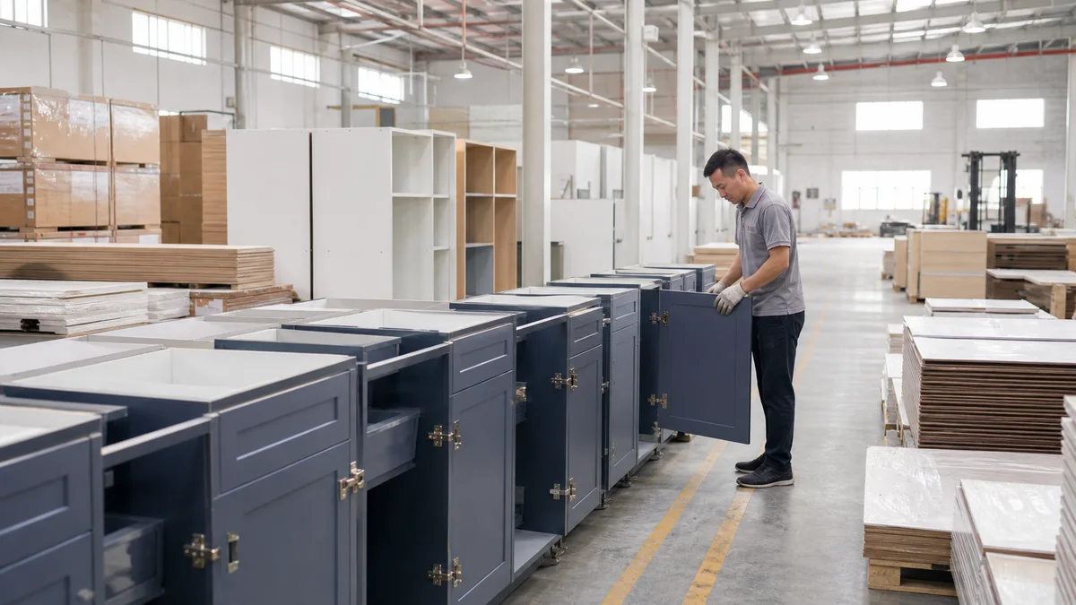 Custom kitchen cabinets being inspected in a Foshan factory before export