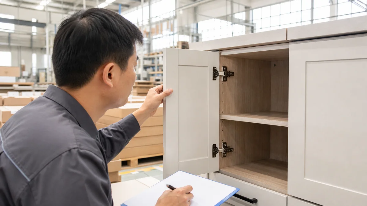 Inspector checking a finished cabinet door and hinge in a Foshan factory before packing