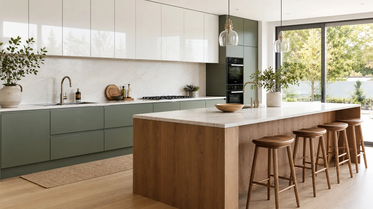 Kitchen with matte, gloss and woodgrain cabinet finishes combined in one design