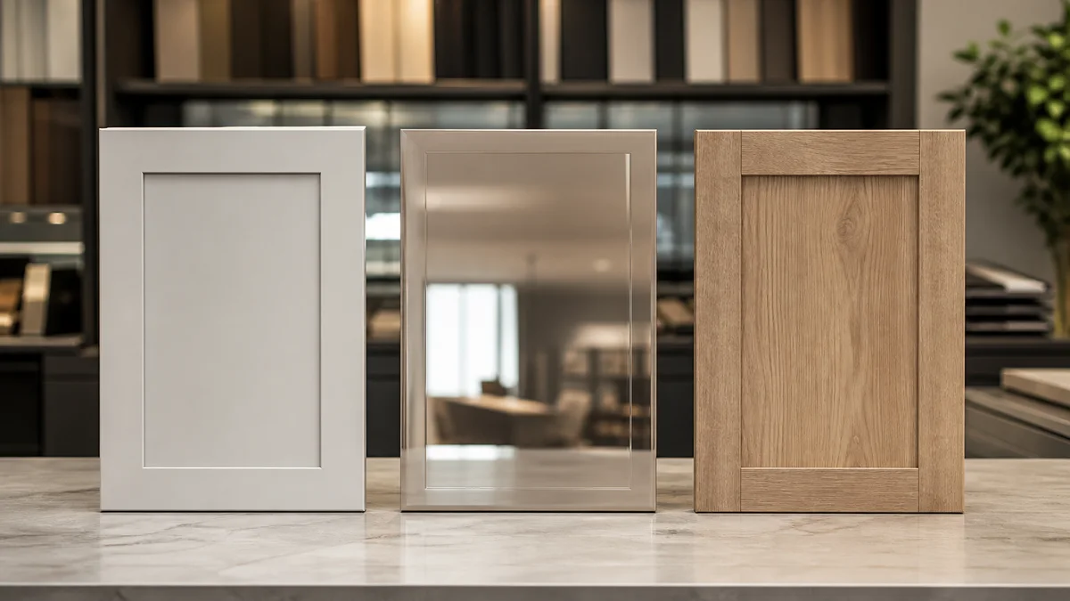 Three kitchen cabinet door samples in lacquer, acrylic and melamine finishes side by side