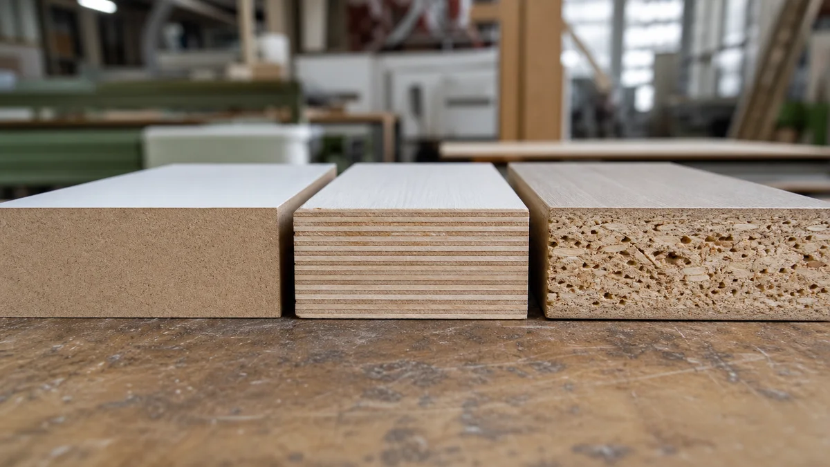 Cross-section samples of MDF, plywood and particleboard boards stacked in a cabinet factory