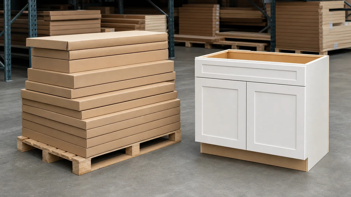 Flat-packed cabinet cartons stacked beside an assembled kitchen cabinet in a warehouse