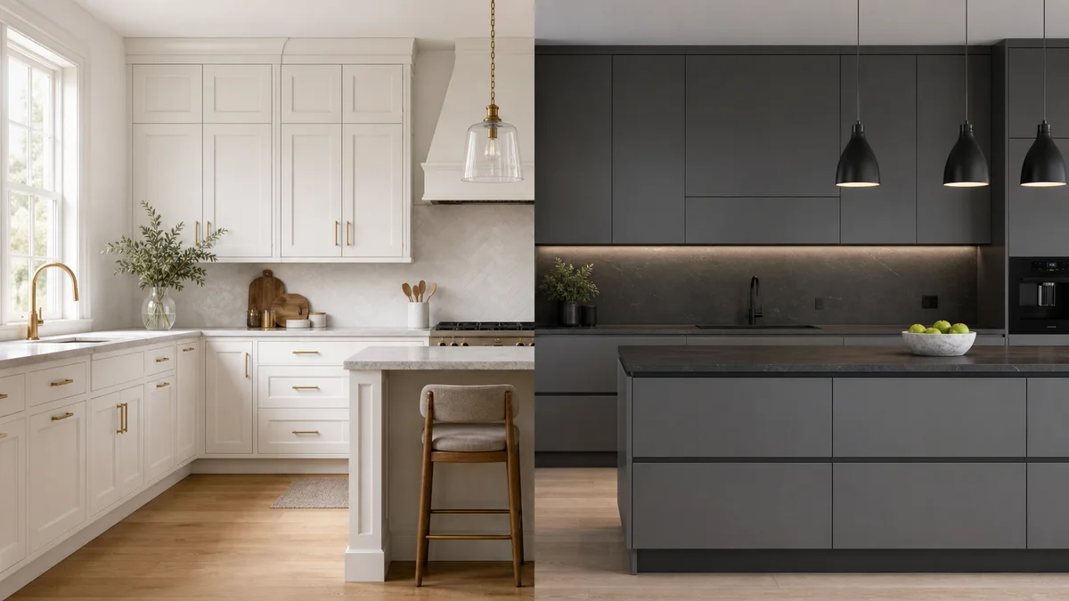 Split view of a white shaker kitchen beside a handleless modern slab kitchen