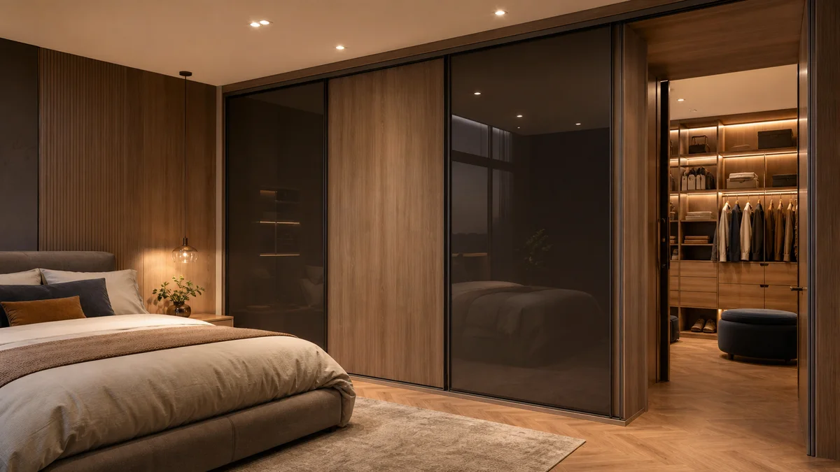 Modern bedroom showing a sliding-door wardrobe beside a walk-in closet entrance