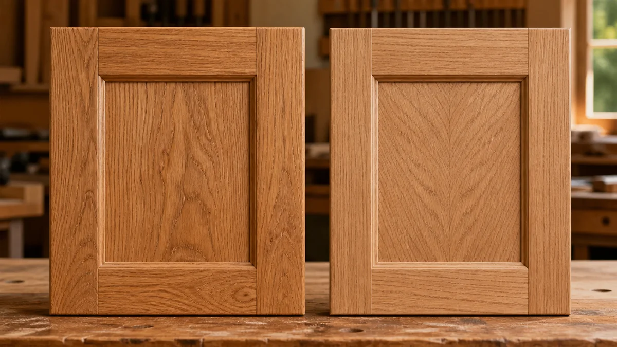 Solid oak cabinet door beside a matching oak veneer door showing grain comparison