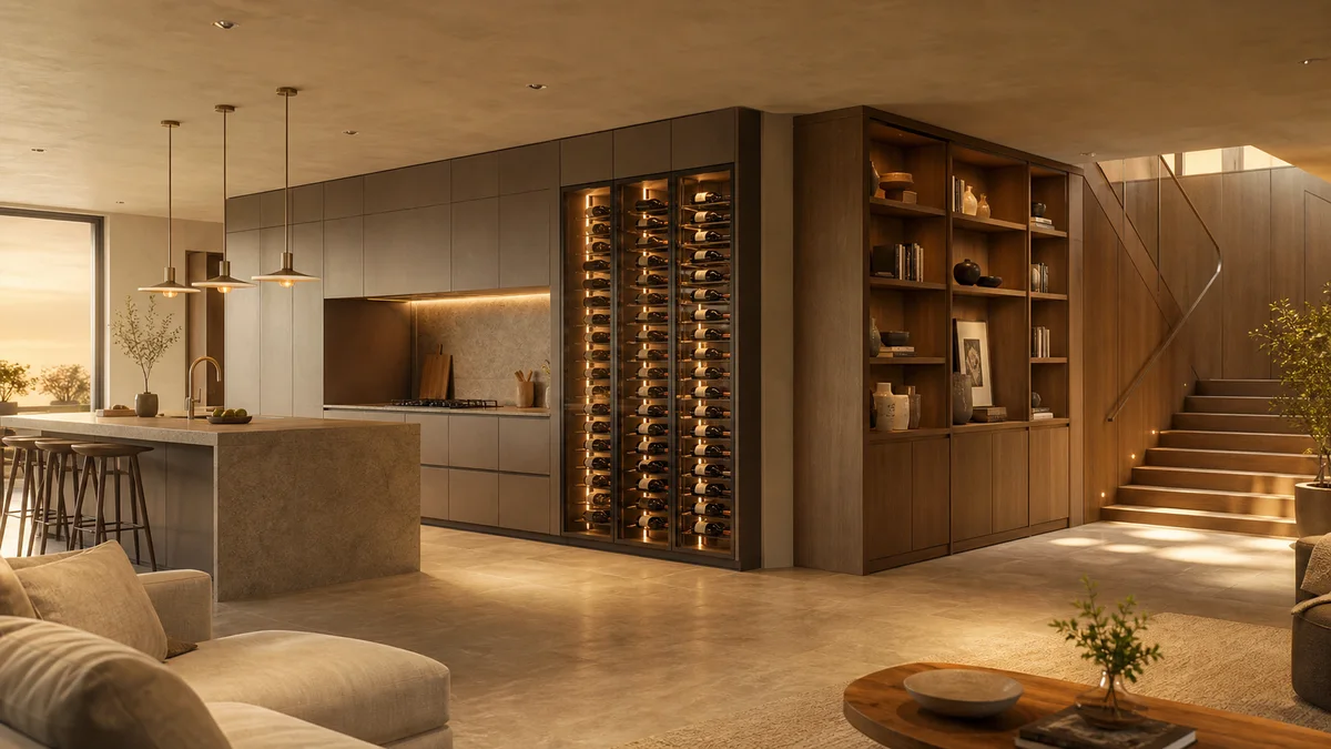 Open-plan villa interior showing kitchen, wine wall and staircase joinery in one matching design