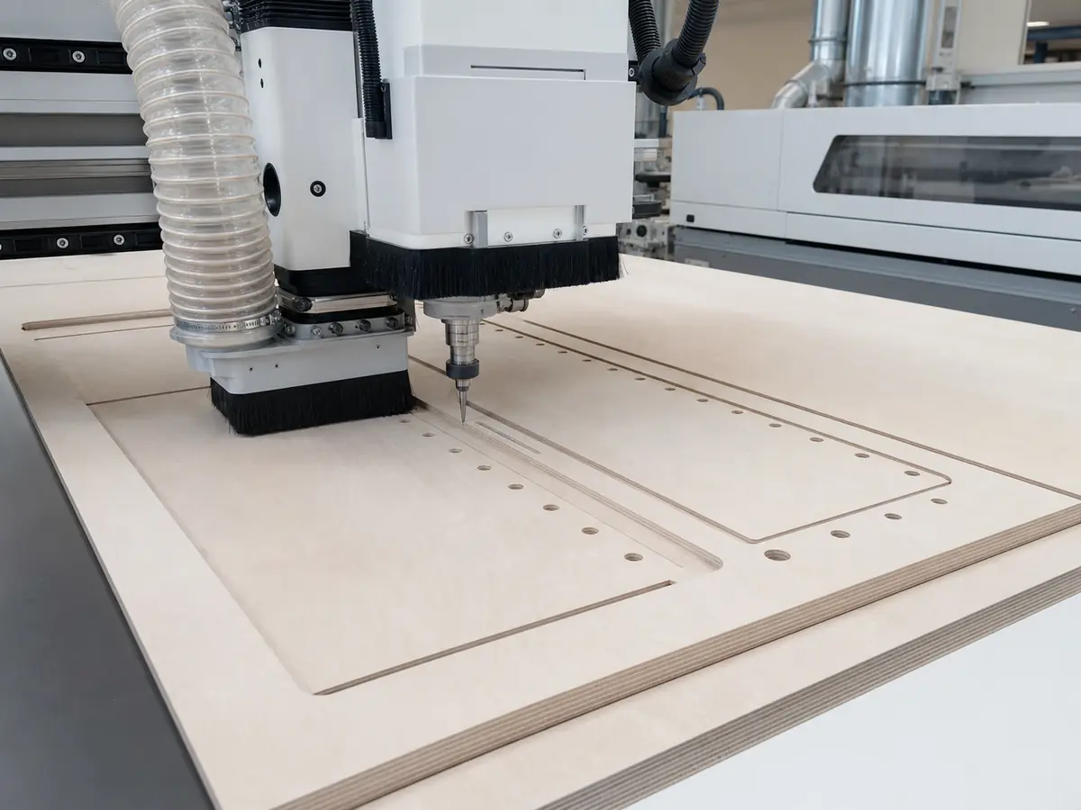 CNC machinery processing a pale plywood cabinet panel