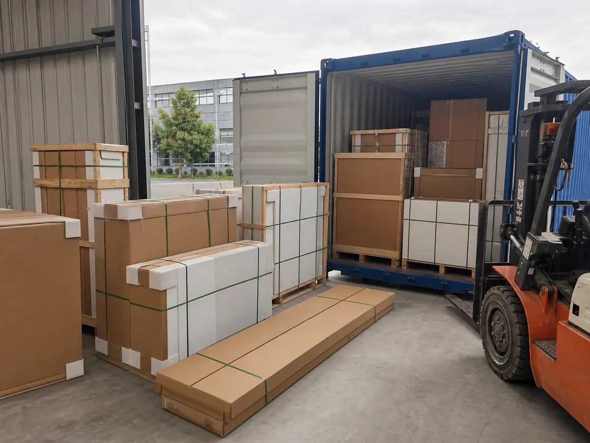 Protected cabinet packages staged for container loading