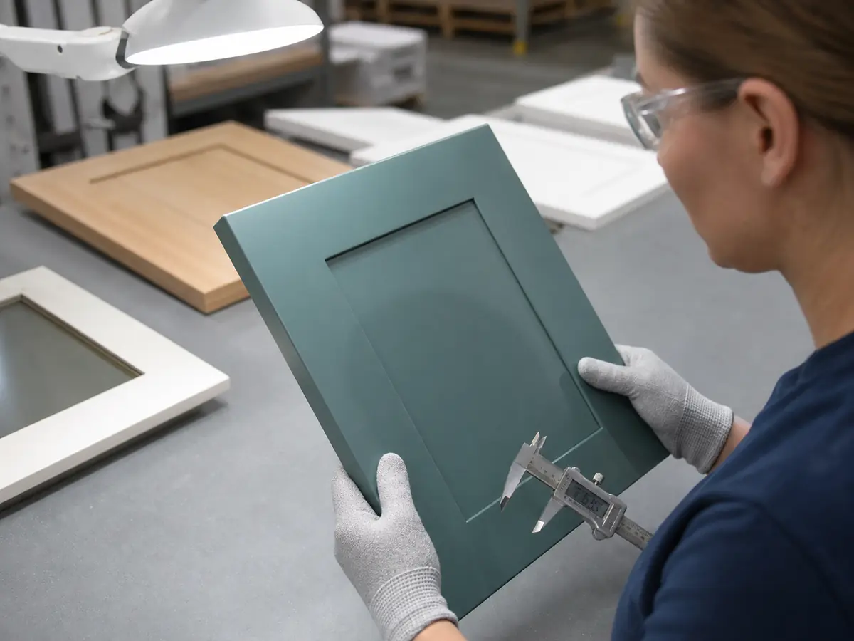 Inspector checking a blue-green lacquer cabinet door