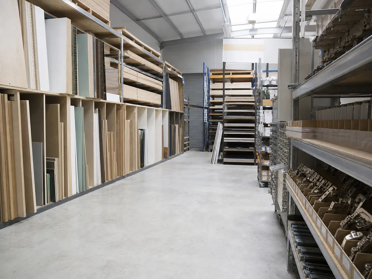 Organized warehouse with varied cabinet panels and hardware