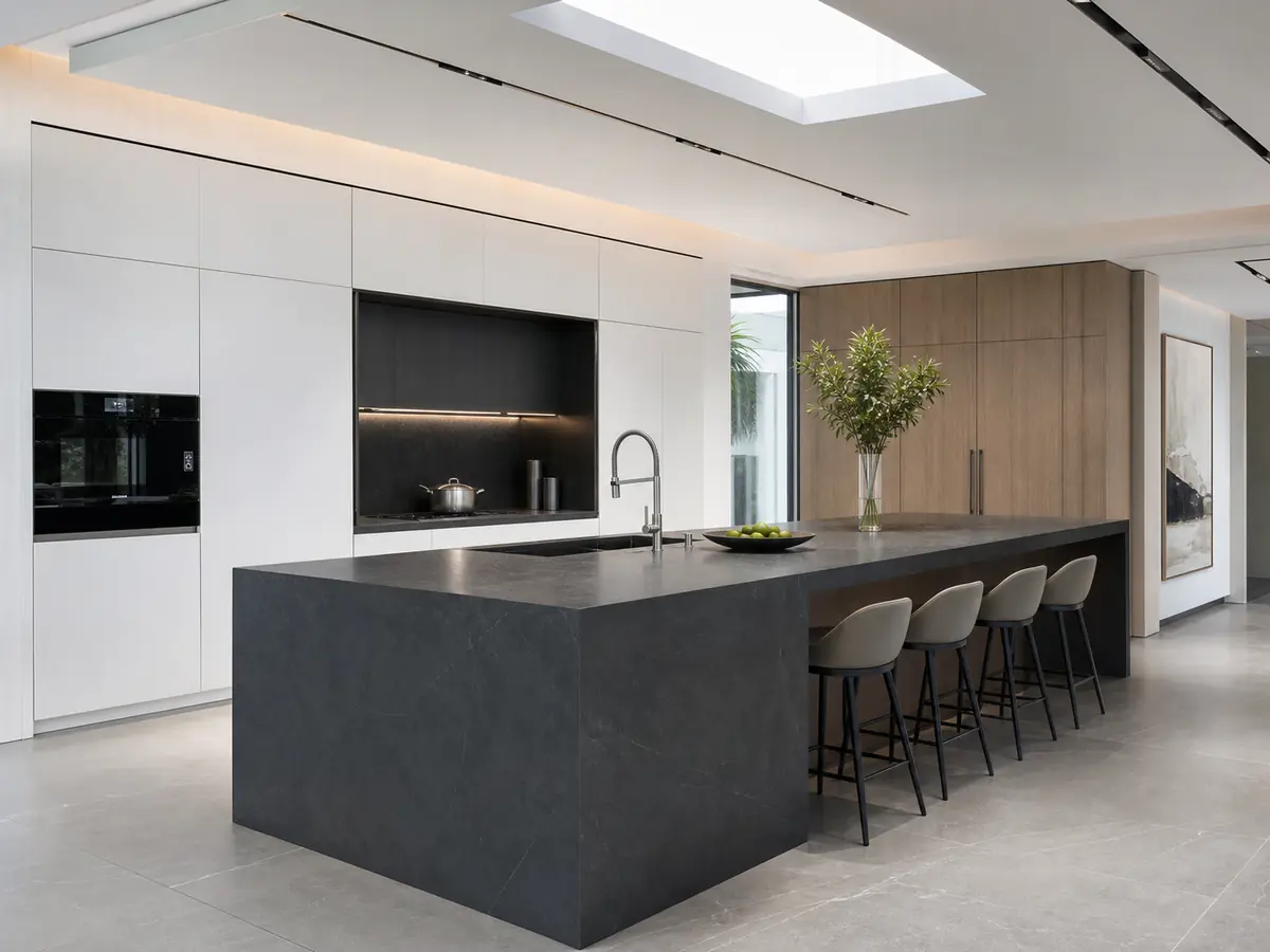 Modern European-style kitchen cabinetry with a dark stone island, white tall units and warm wood cabinetry