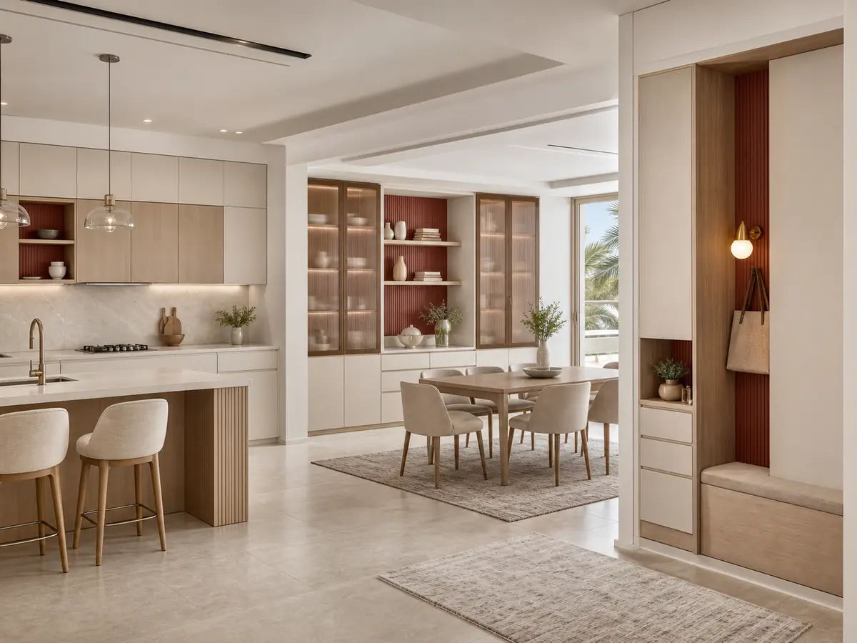 Ivory, pale oak and clay-red full-home cabinet package