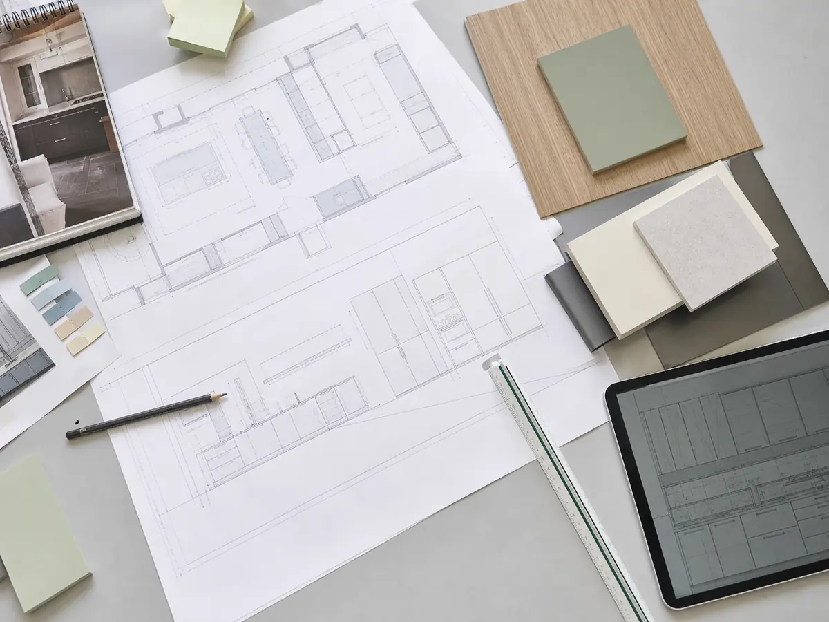 Reviewing drawings with varied cabinet material samples