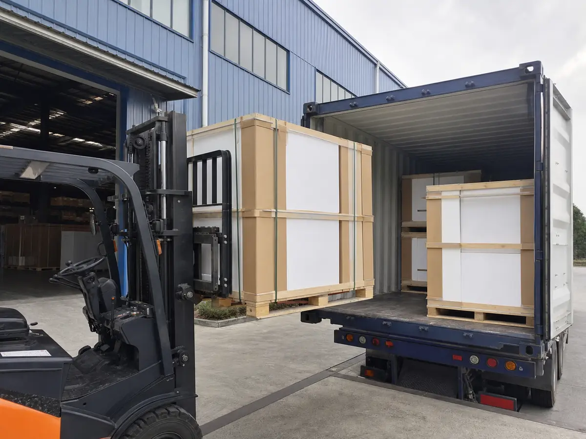 Protected cabinet packages being loaded for export