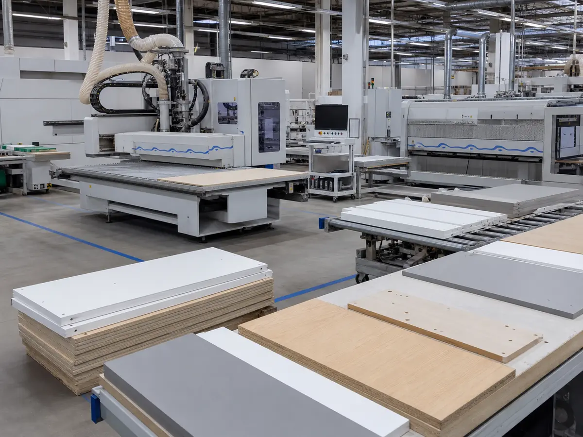 Mixed-finish cabinet panels on a modern production line