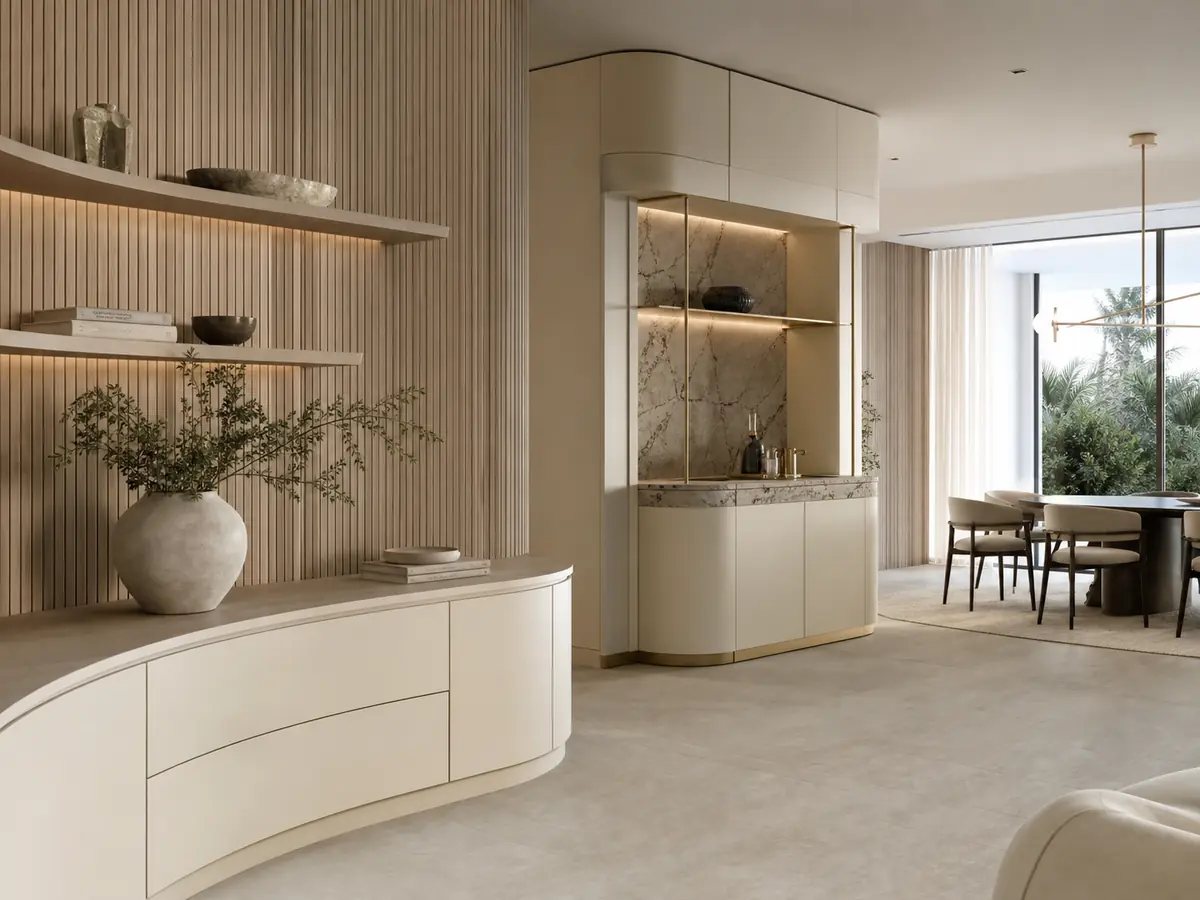 Curved ivory and pale ash custom joinery