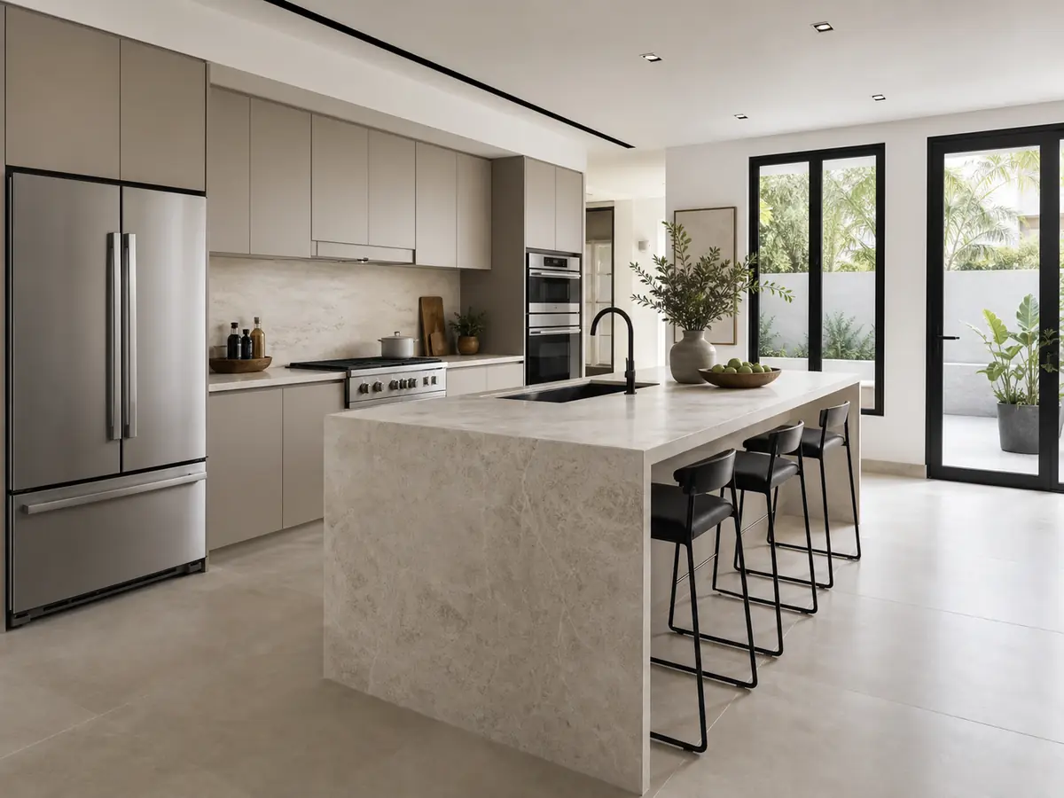 Contemporary greige villa kitchen with a limestone island