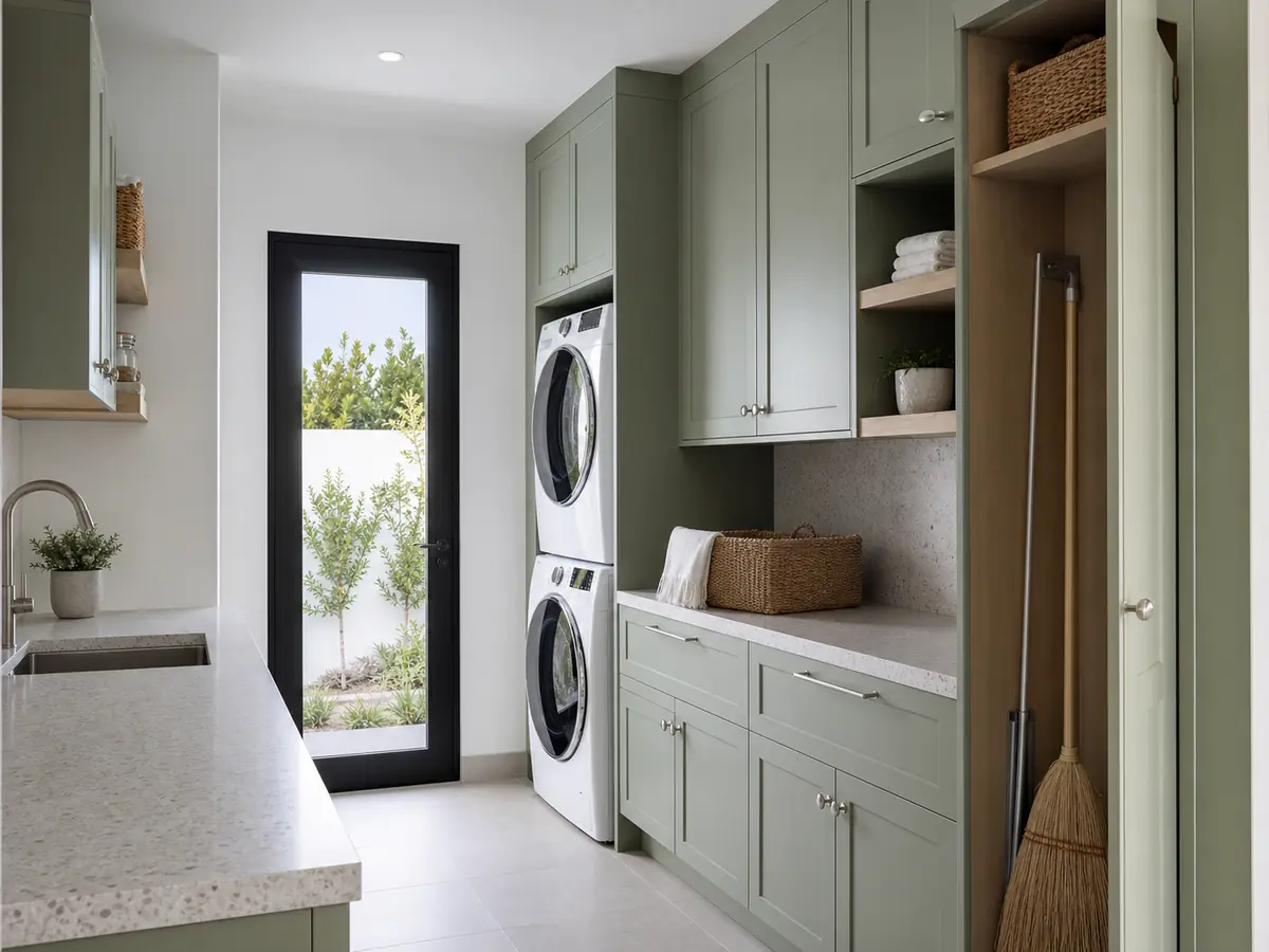 Sage green laundry and utility room cabinetry