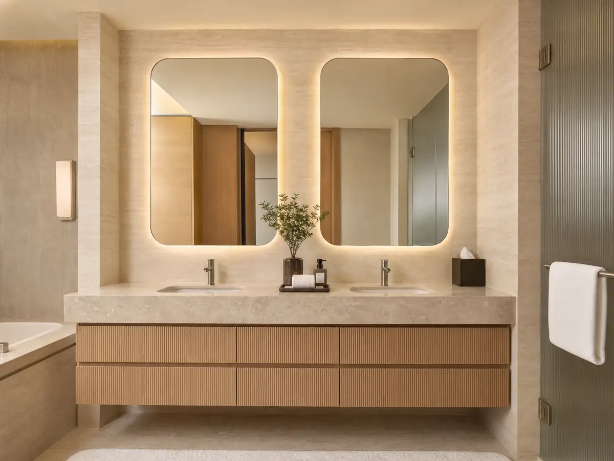 Light oak hotel vanity with travertine surfaces