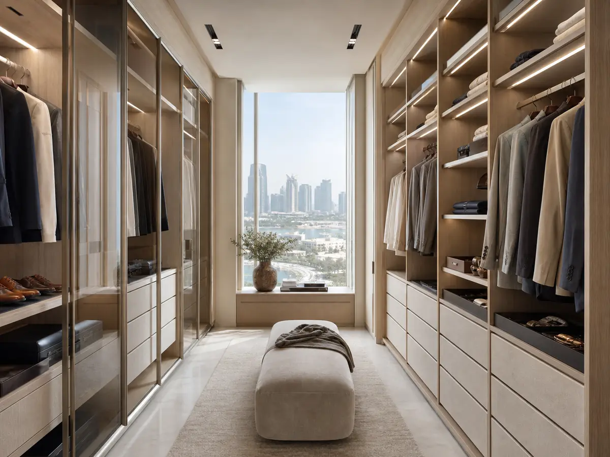 Pale oak walk-in wardrobe with smoked glass doors
