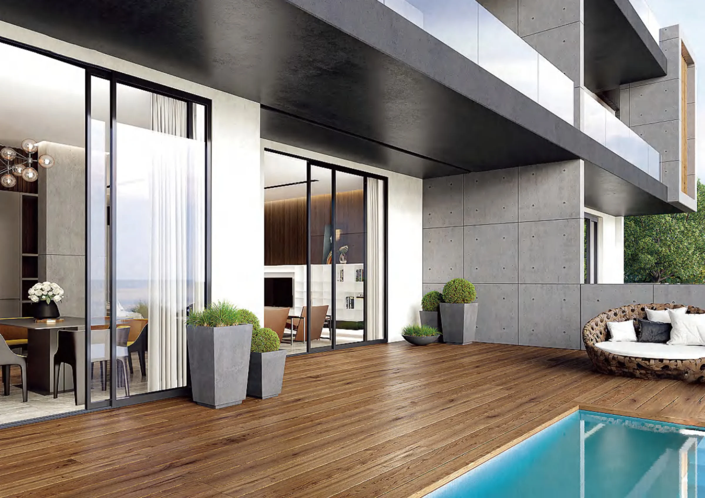 Black aluminum glazed doors connecting a terrace and interior living space