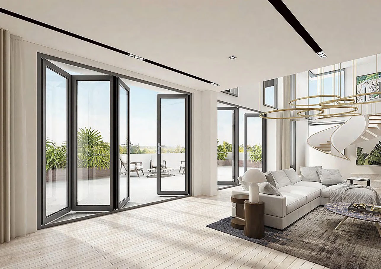 Wide black aluminum folding doors opening a living room to the exterior