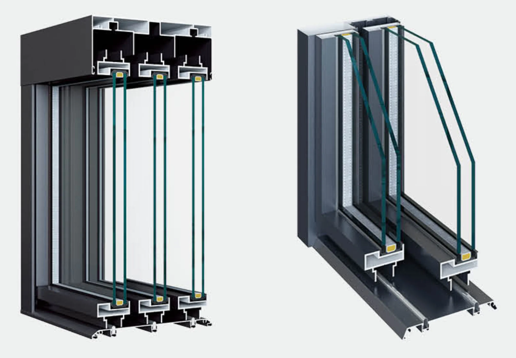 Technical cross section of an aluminum glazed door frame and insulated glass