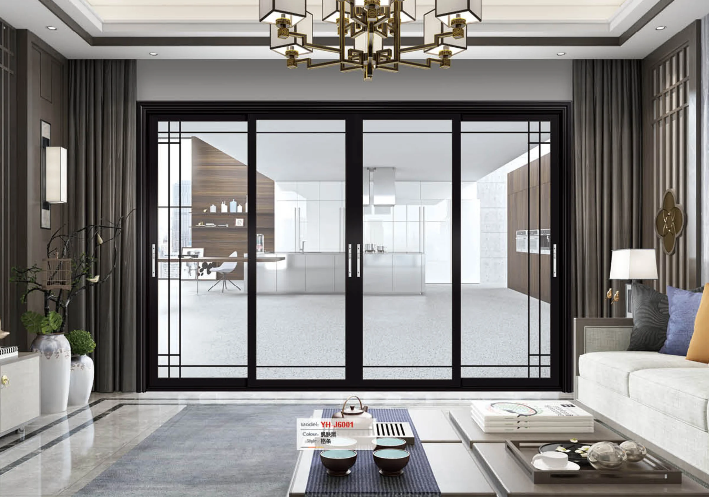 Large black aluminum sliding doors in a living room