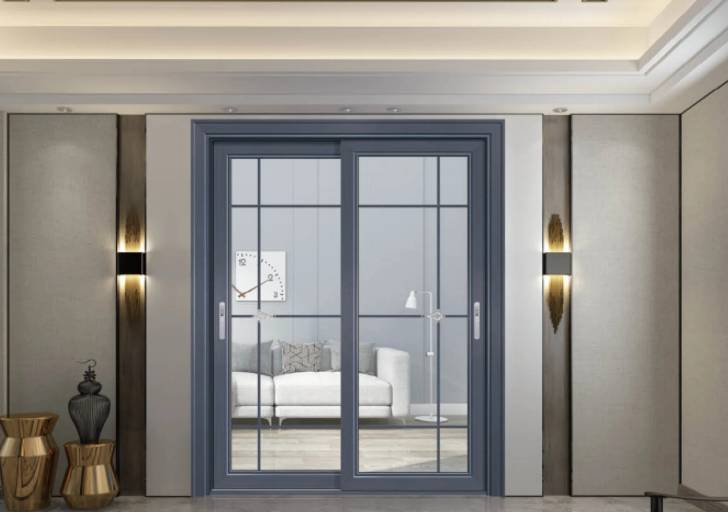 Paired dark aluminum hinged French doors
