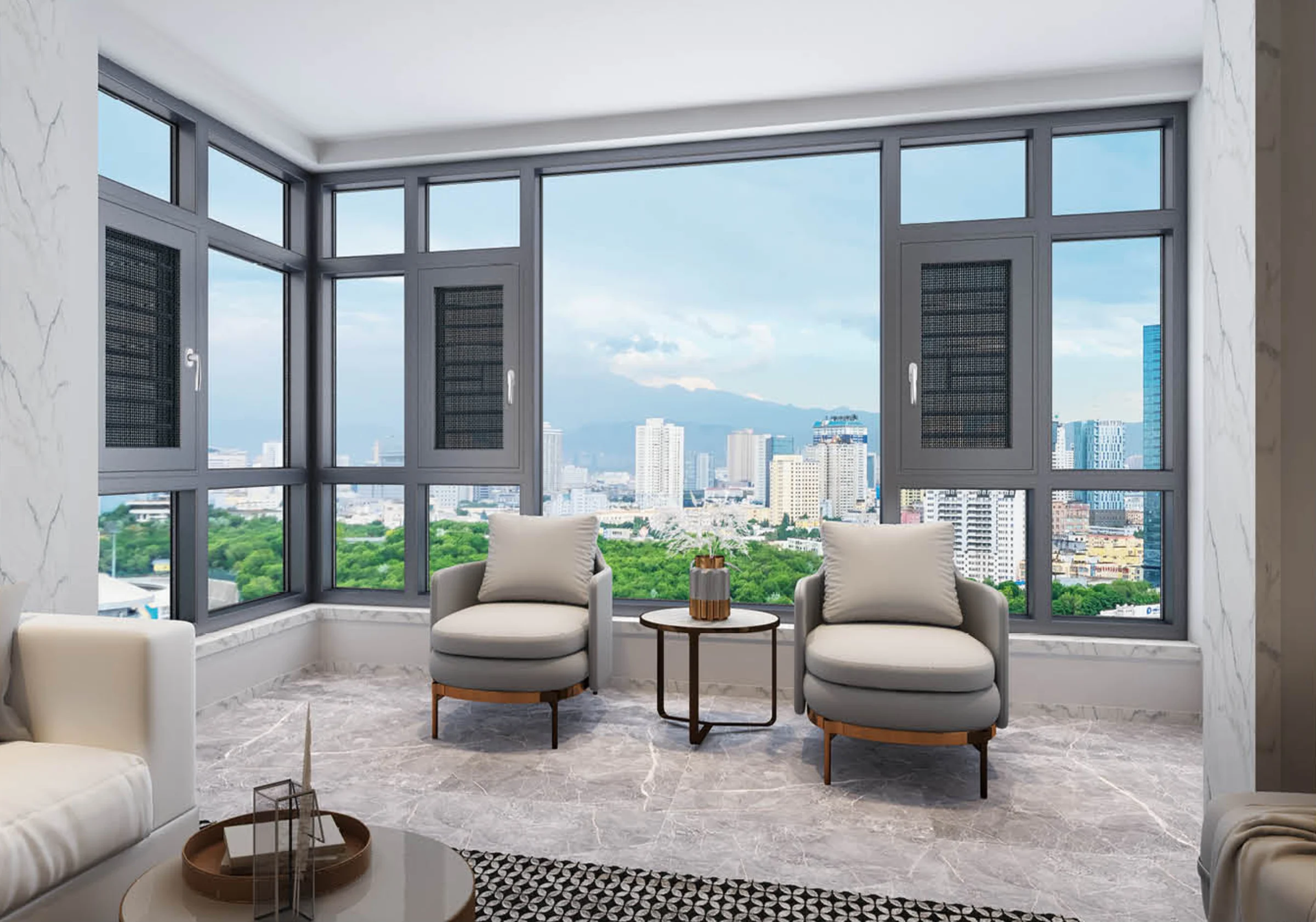 Aluminum casement and fixed windows installed across a bright residential corner
