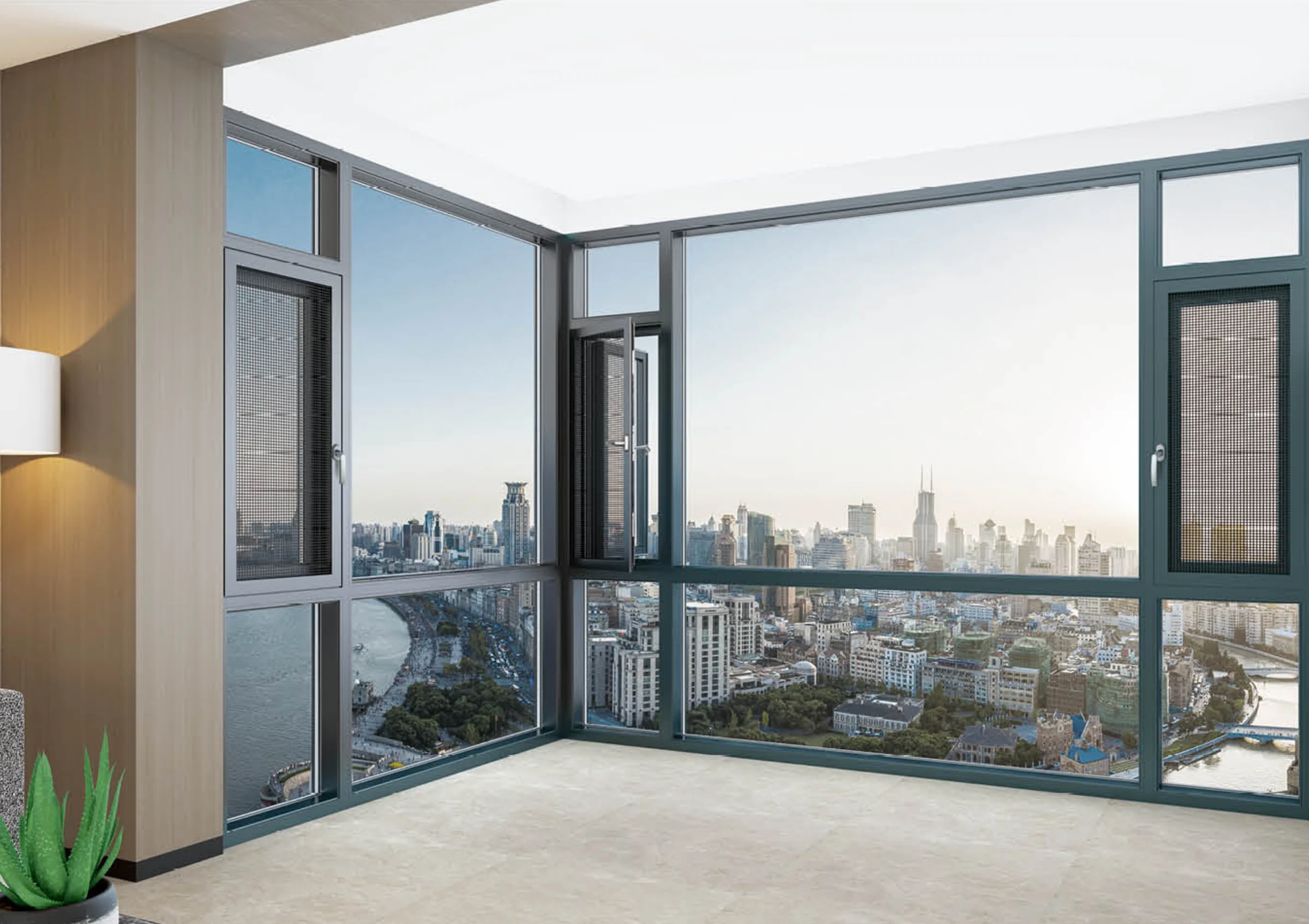 Dark aluminum windows wrapping a contemporary apartment corner