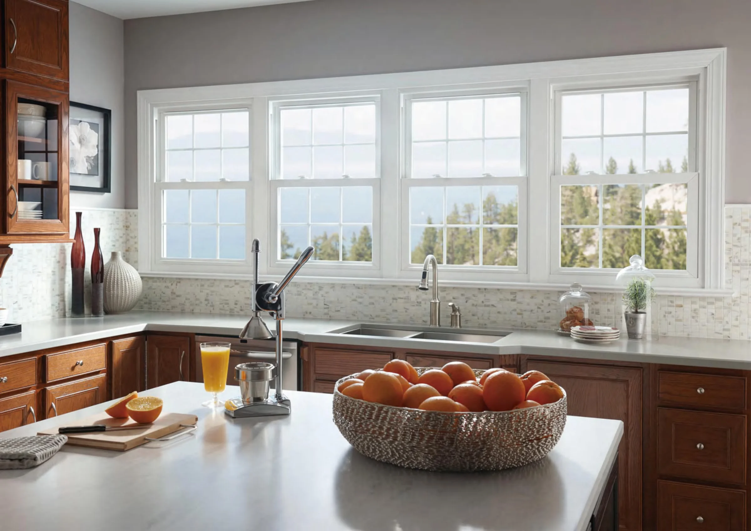 White aluminum windows above a residential kitchen worktop