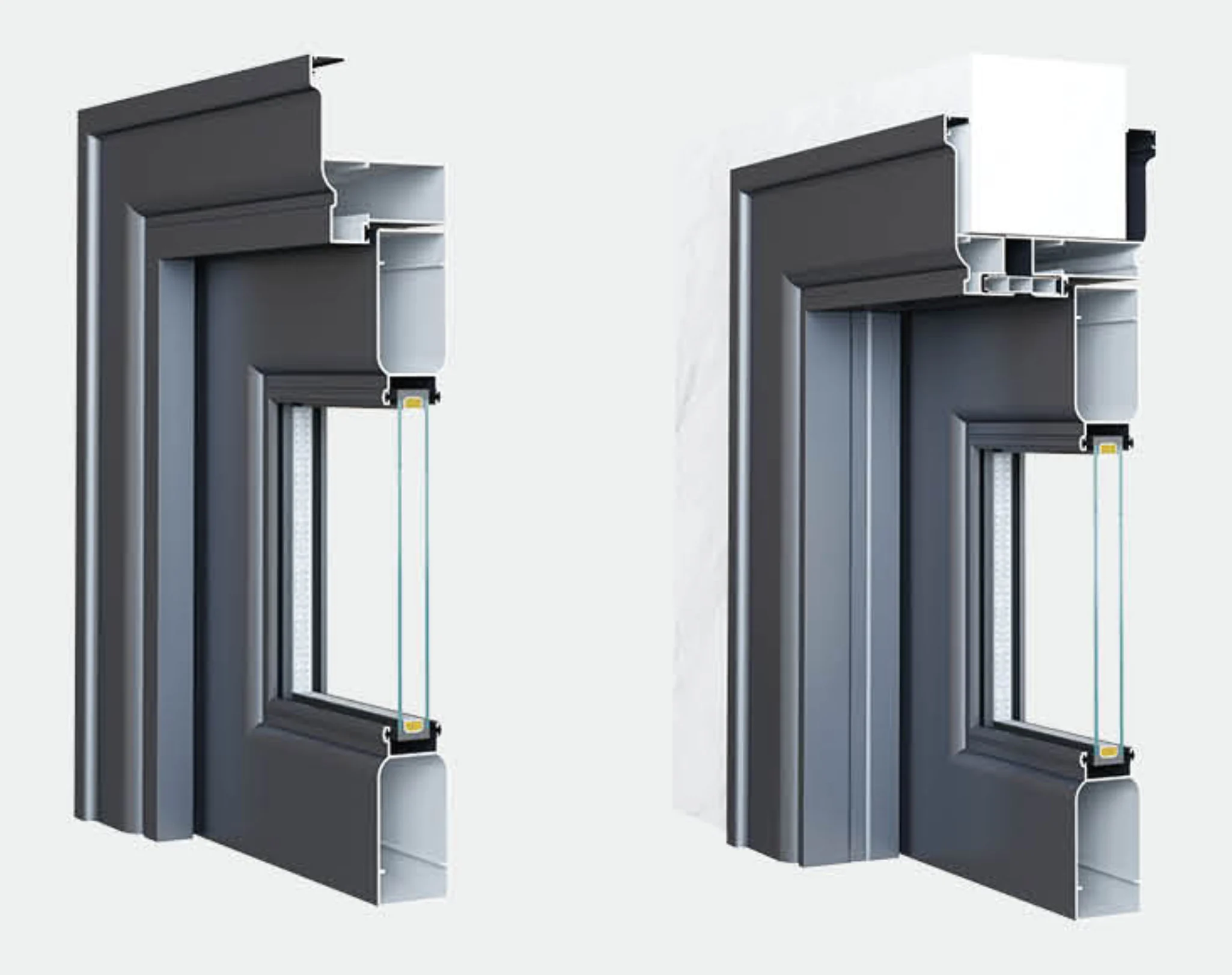 Technical cross section of a dark aluminum window profile and insulated glazing