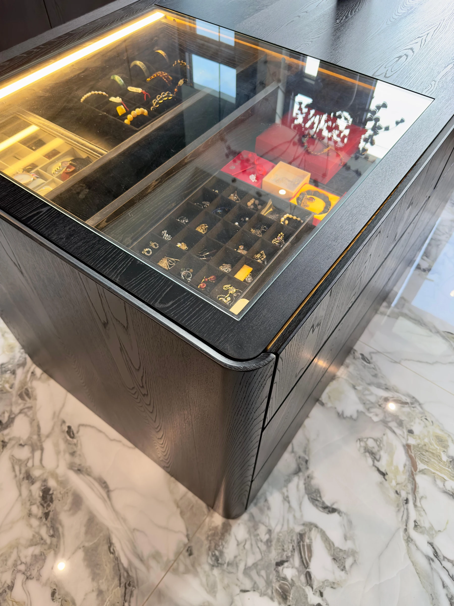 Installed custom cabinet drawer detail available for component review