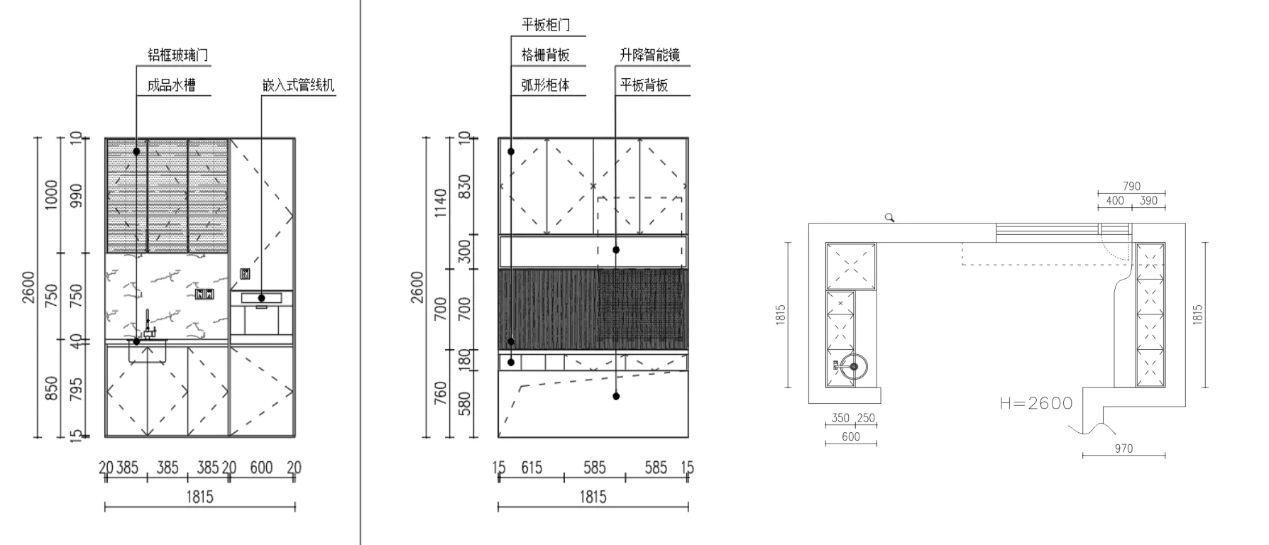 Dimensioned cabinet drawings showing openings and installation measurements