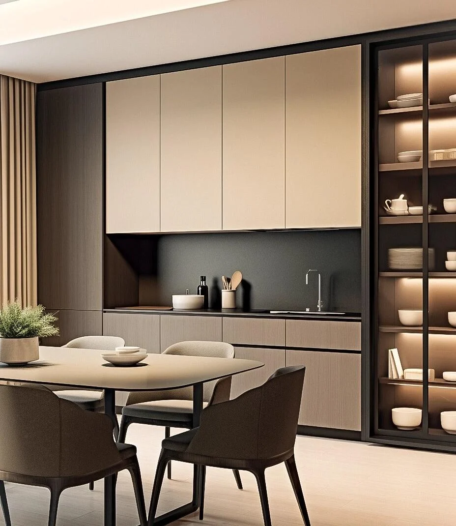 Custom dining wall cabinetry with integrated lighting