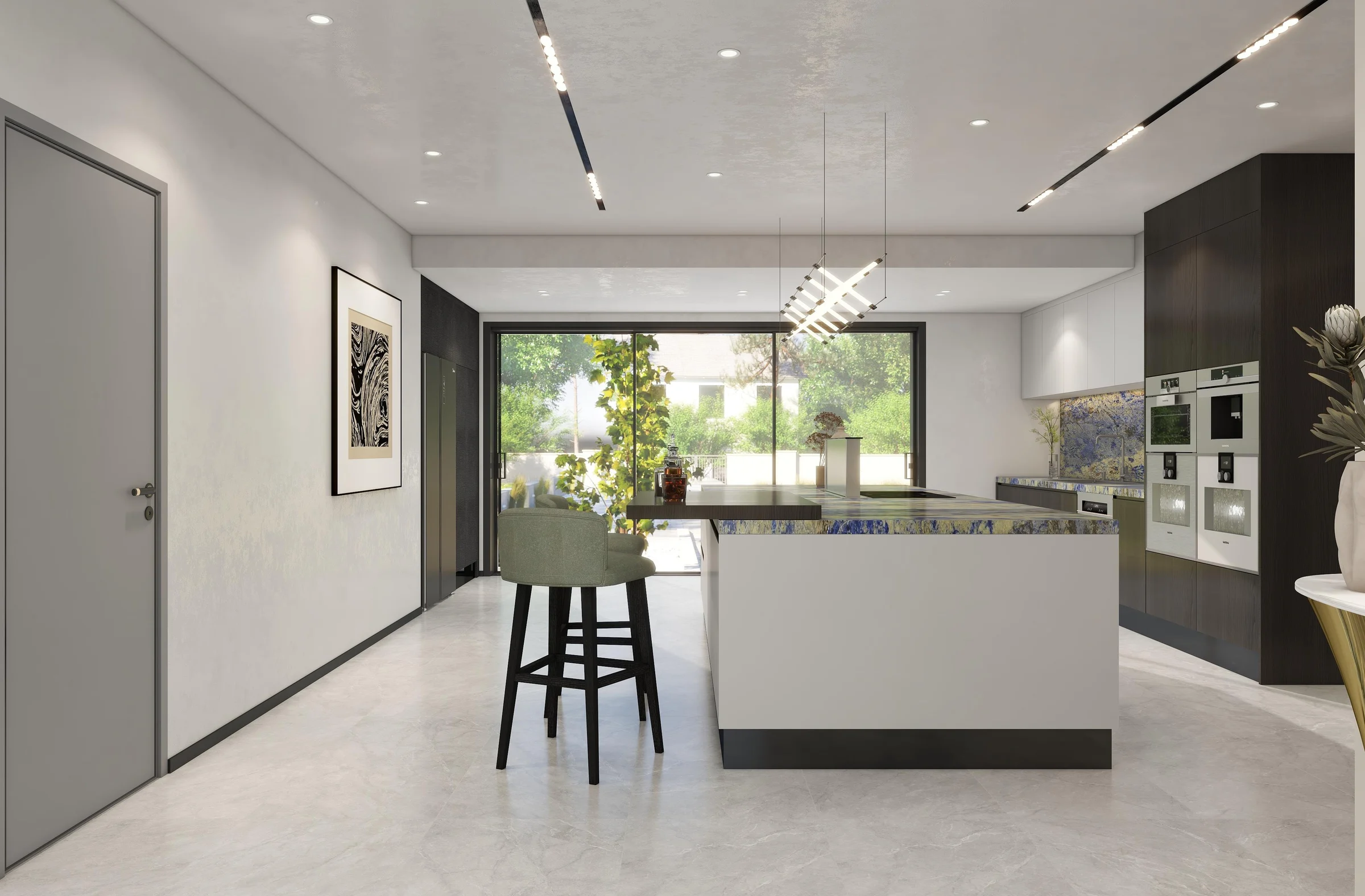 Residential kitchen design concept with island and full-height cabinets