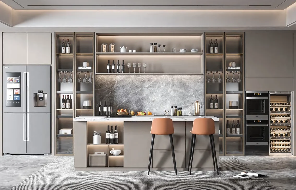 Modern high-gloss kitchen with illuminated display cabinetry