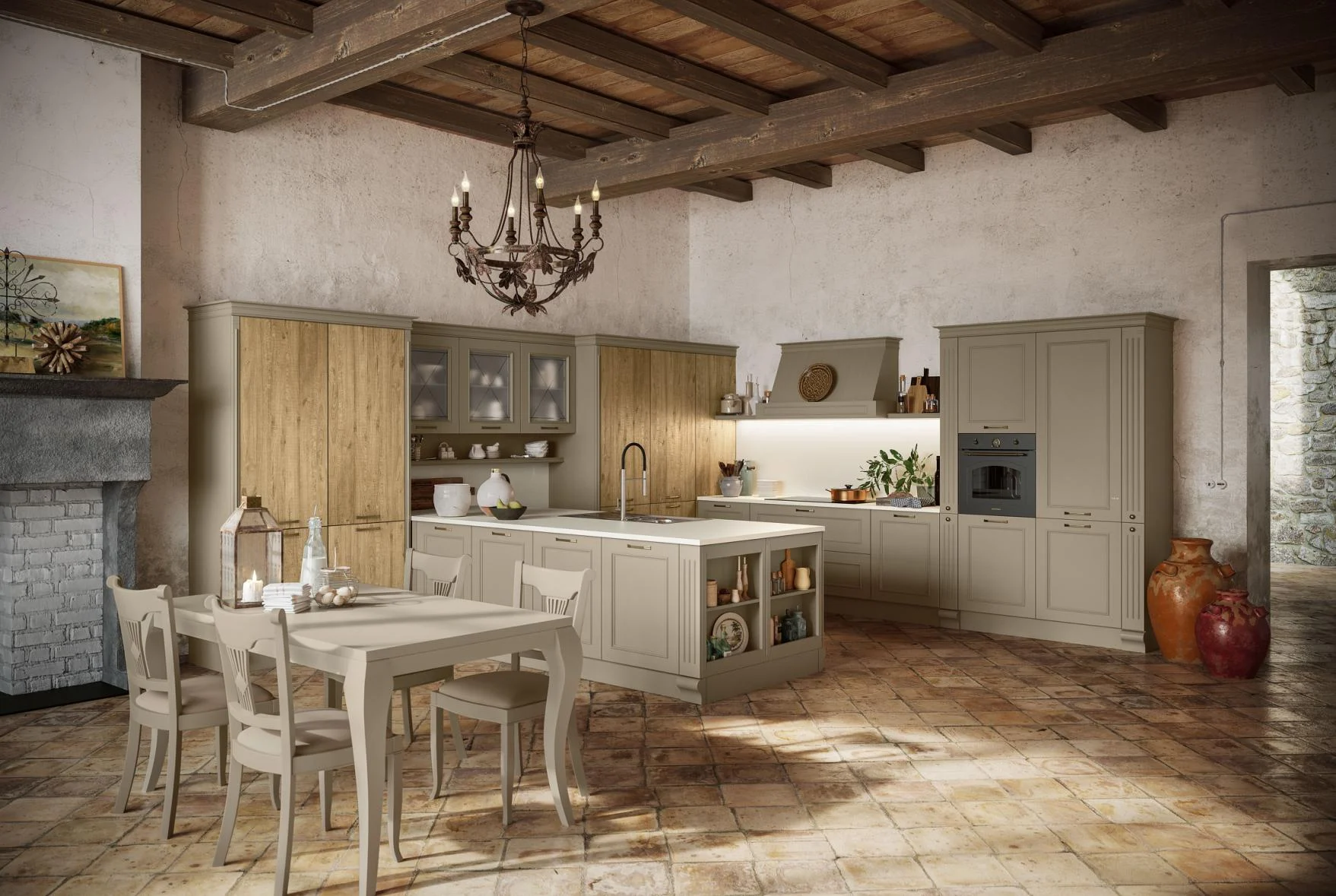 Classic raised-panel kitchen cabinetry in a warm residential interior