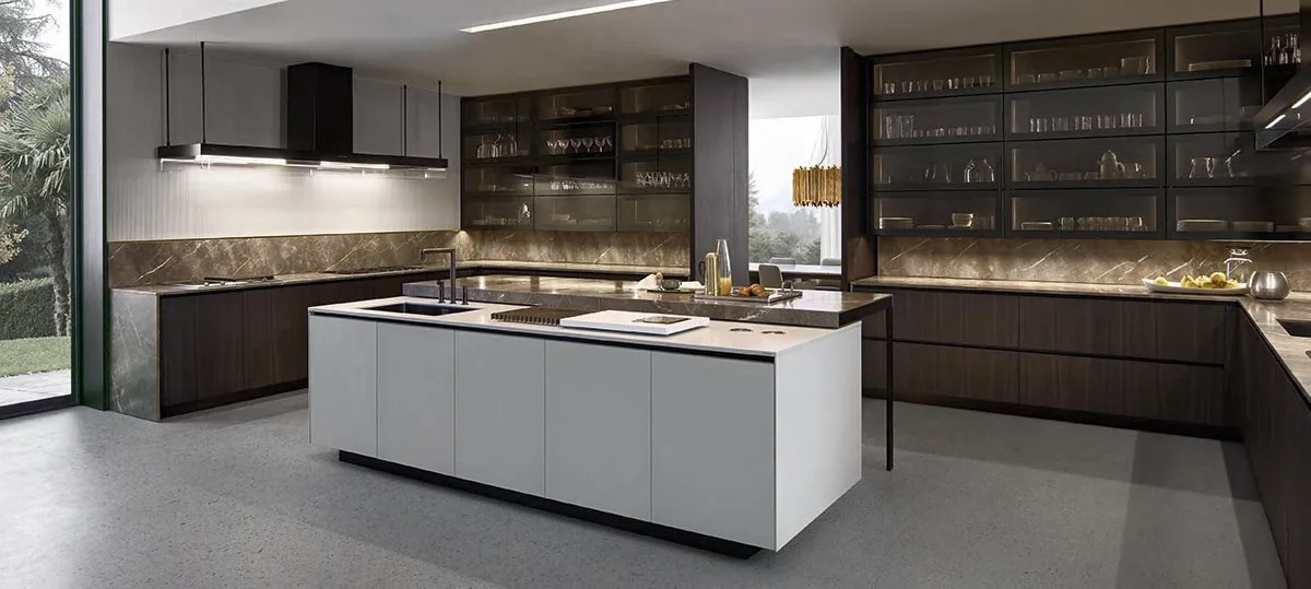 Custom grey and white kitchen cabinetry with island for a residential project