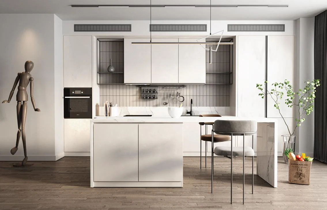 Compact white kitchen suitable for a flat-pack cabinet specification