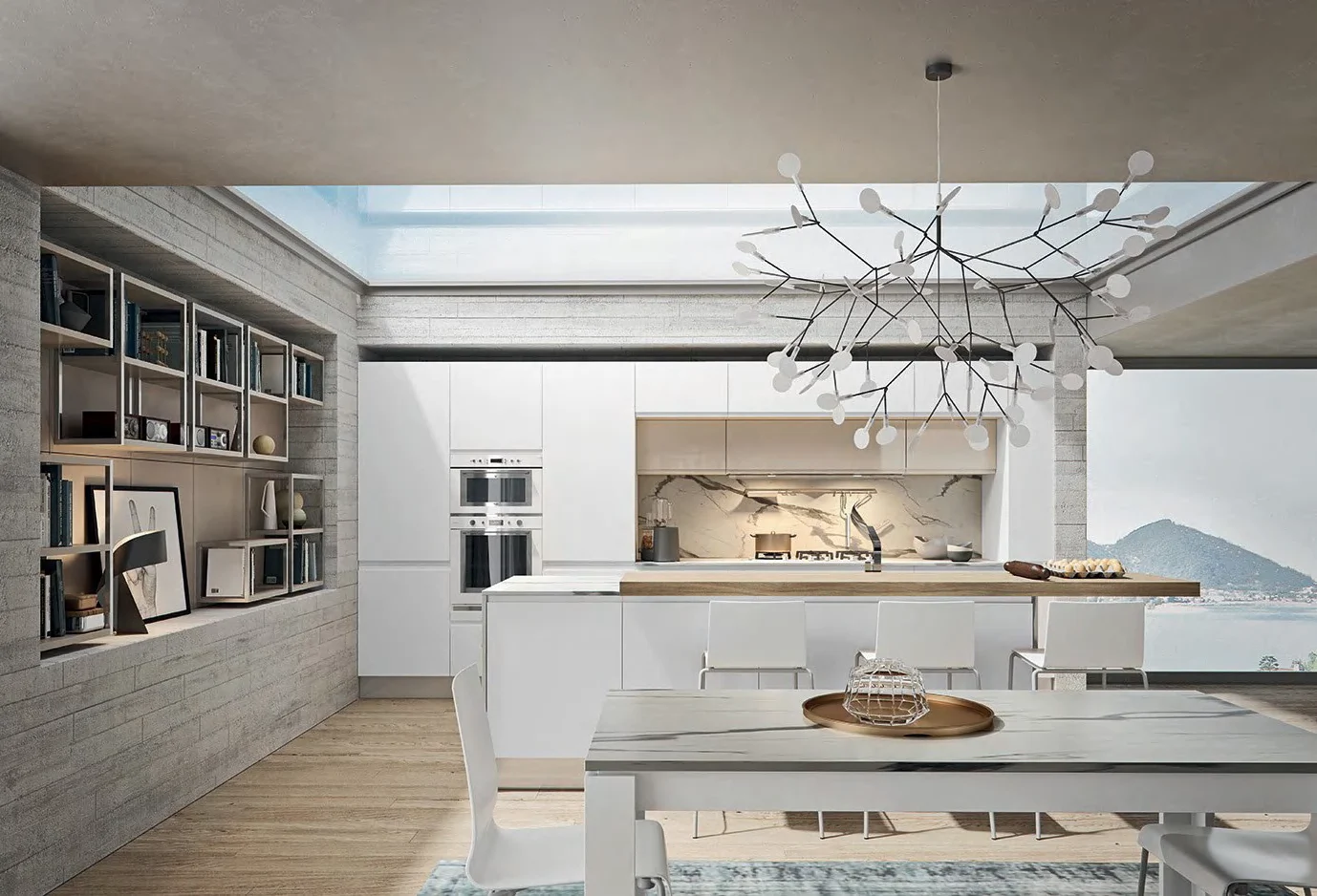 White project kitchen showing island, wall cabinets and appliance integration
